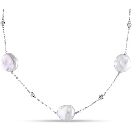 16-16.5mm Pink Fancy Keshi Pearl and 7/8 Carat T.G.W. White Topaz Sterling Silver Station Necklace, 19