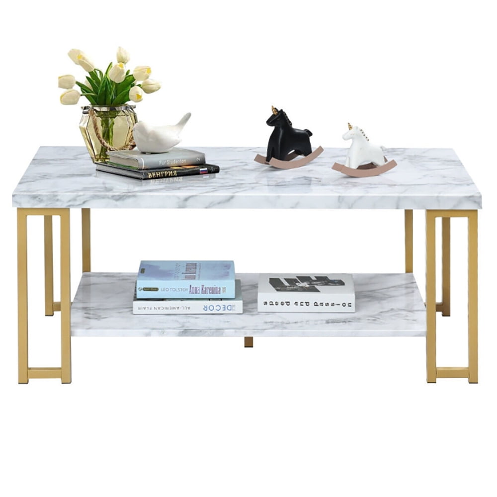 Finihen Wooden Coffee Table, Rectangular Coffee Table, 2-Tier Rectangular Modern Coffee Table with Gold Print Metal Frame, for Living Room, Reception Room, Office, White