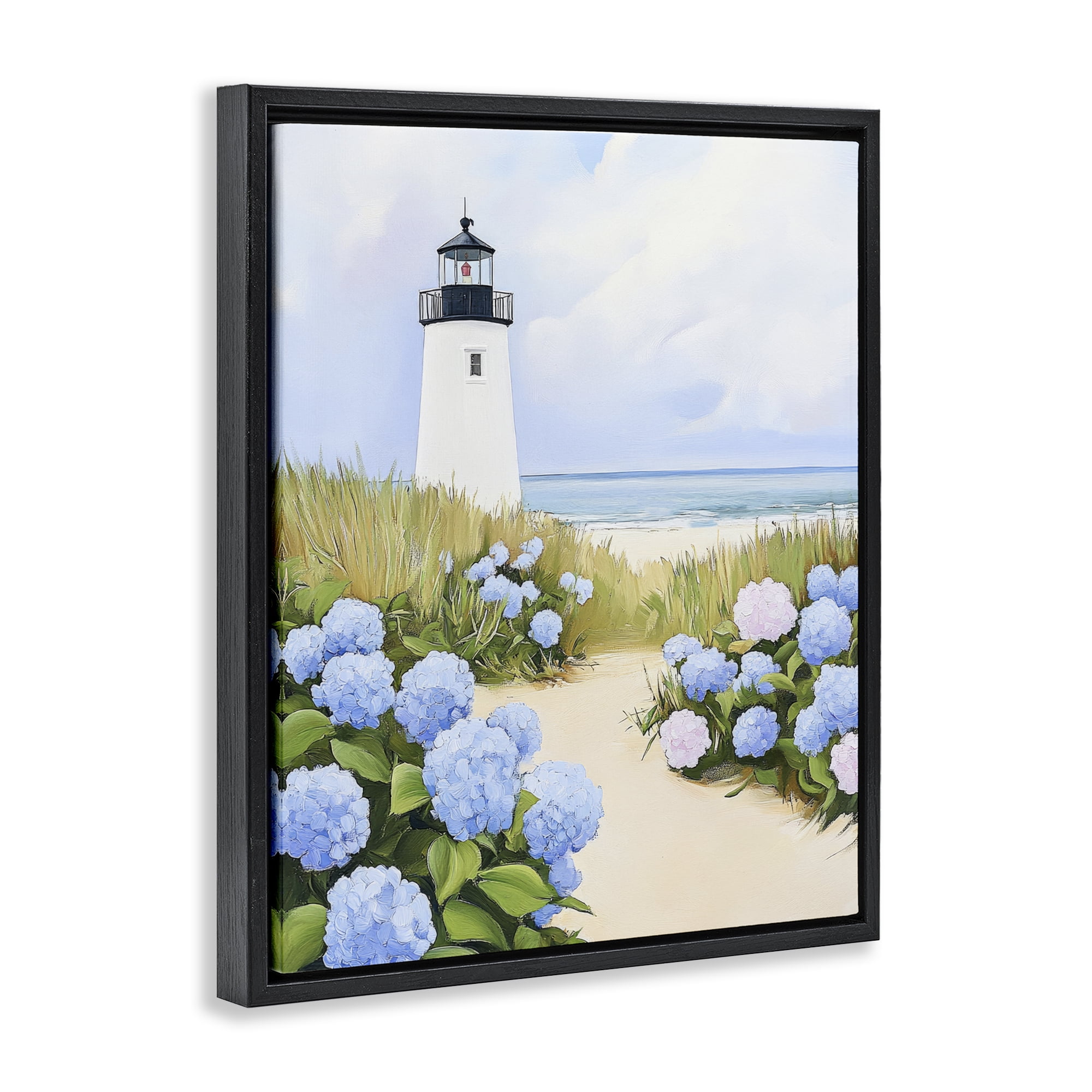 Stupell Industries Hydrangea Path Leading to Lighthouse Black Framed Floater Canvas Wall Art, design by Sisi and Seb