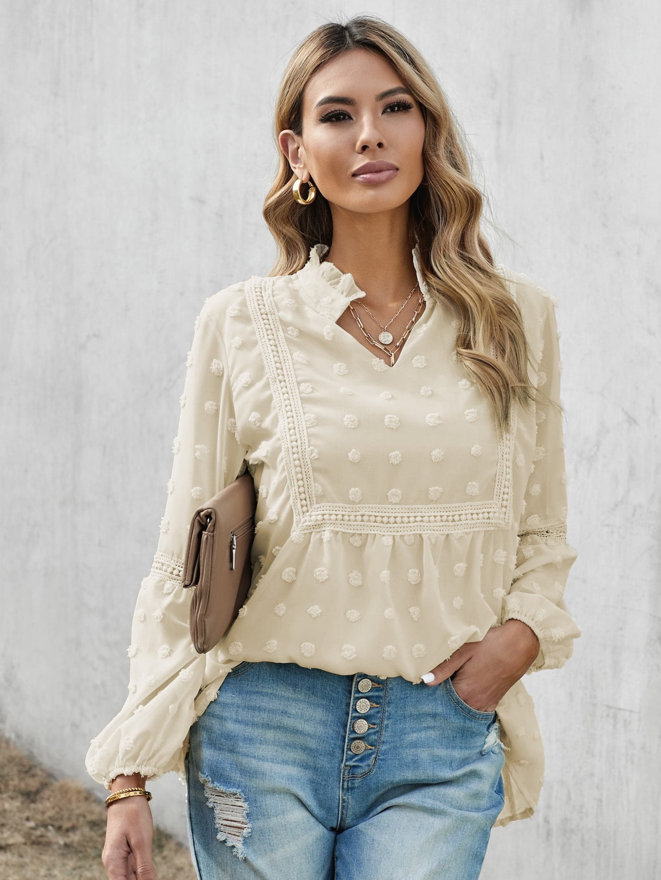Women's Notch Neck Lace Panel Swiss Dot 