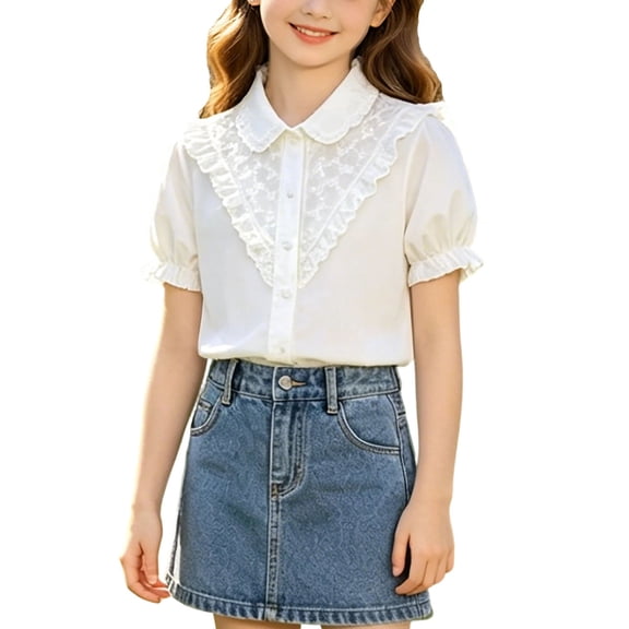 FAVIPT Back to School Shirts for kids Girls Summer Cotton Lace Trim Collar Puff Short Sleeve Blouse Casual Solid Button Shirt White,5-6 Years