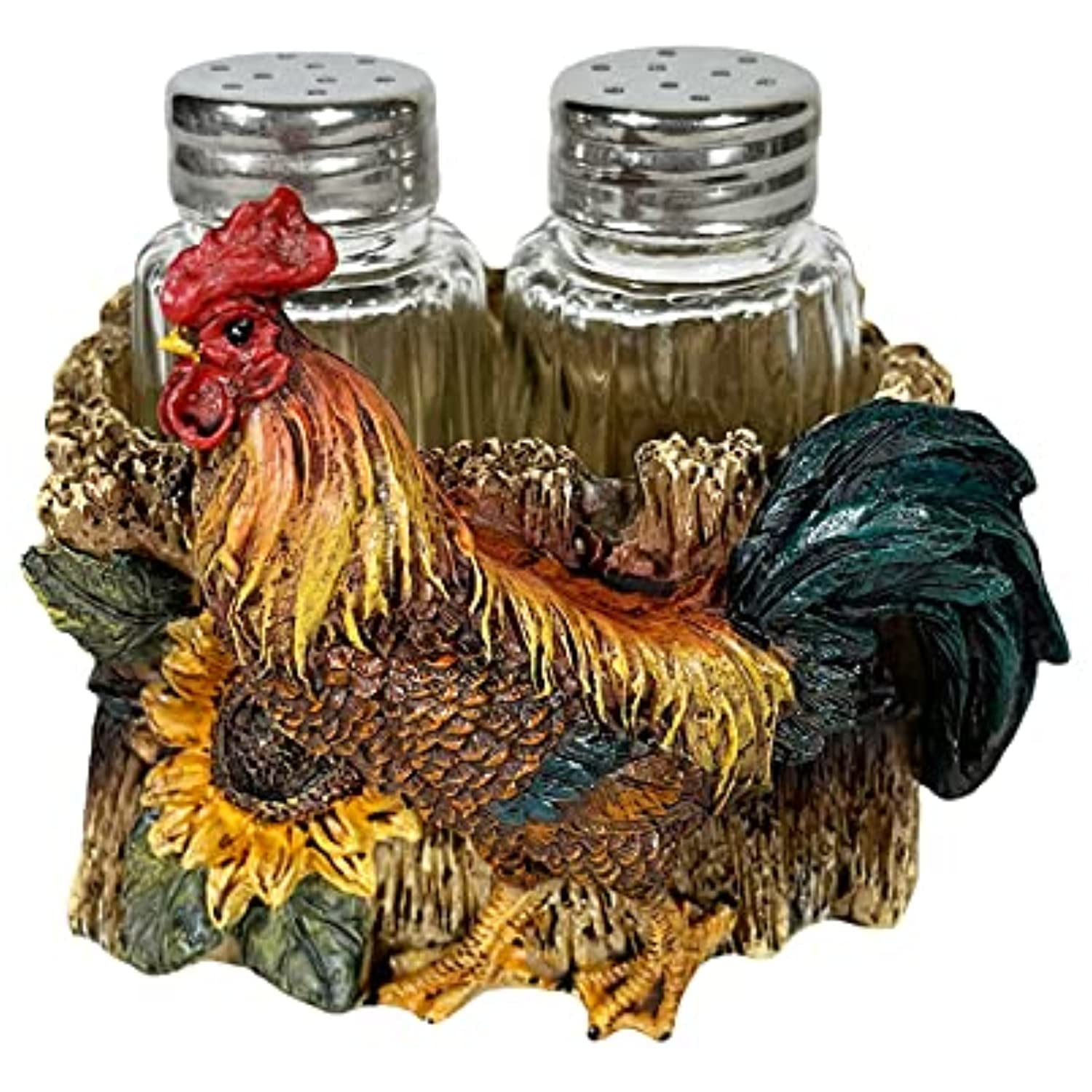 Glass Salt and Pepper Shakers Rooster Figurine Country Farm House Decor Set 