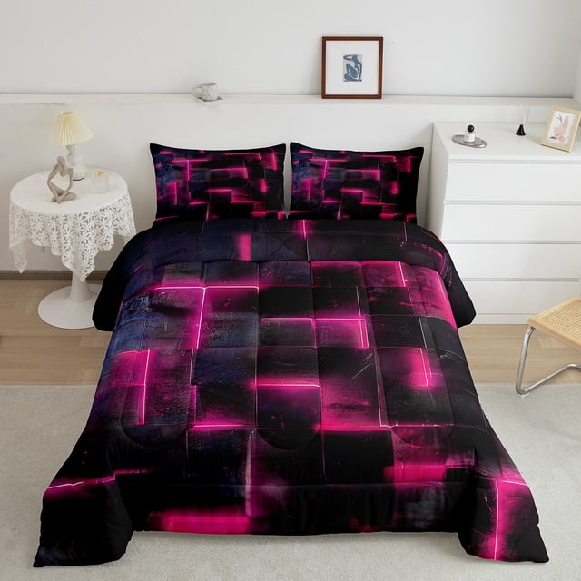 YST Hot Pink and Black Geometric Comforter Set Full,3D Square Plaid Bedding Set for Girls Women,Glowing Neon Geometry Comforter Set Reversible Soft,Abstract Checkered Quilt Bed Set 3Pcs