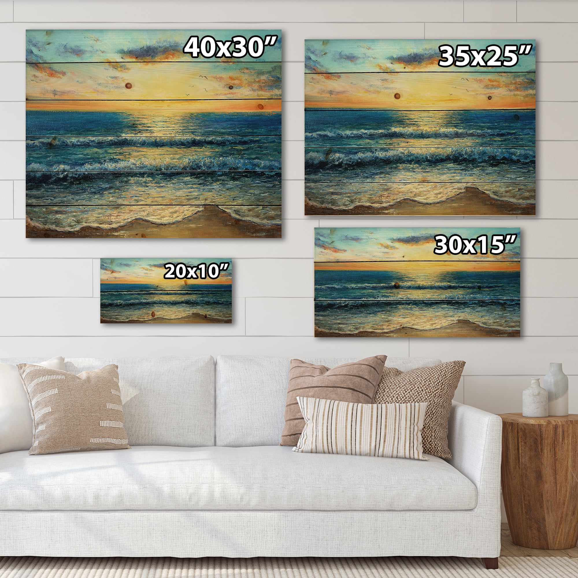 Designart 'Sunrise Glow On The Ocean Waves I' Nautical & Coastal Print on Natural Pine Wood