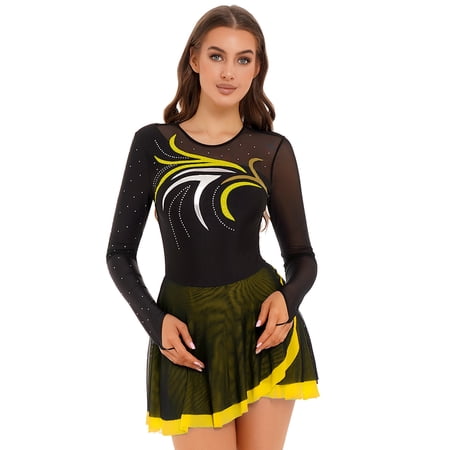 Jhaoyu Lyrical Dresses Figure Skating Dresses for Women Rhinestone Dance Leotards Ballet Majorette Yellow XXL
