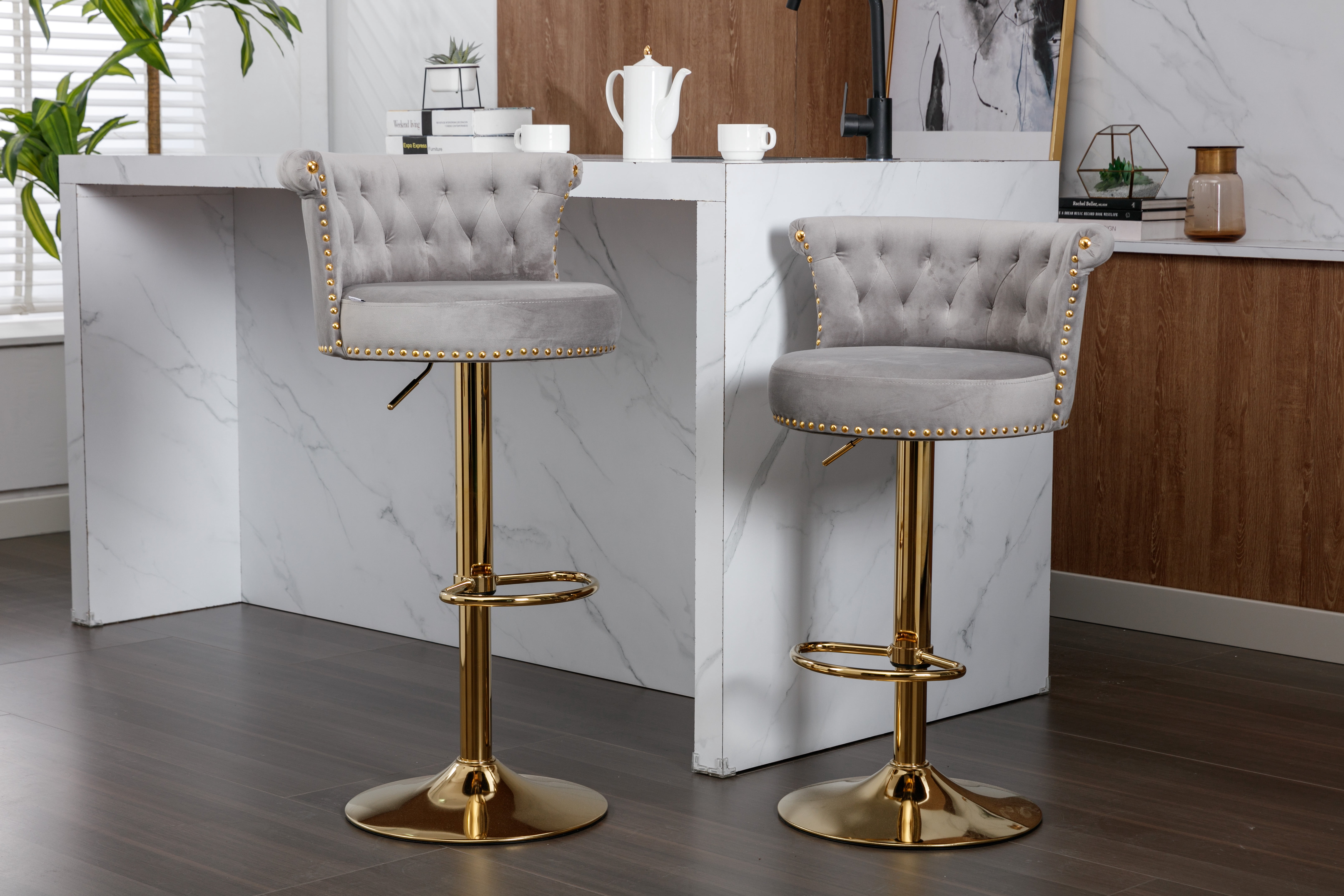 MOONMISS Velvet Tufted Nailheads Swivel Adjustable Height Bar Stools(set of 2)-GRAY