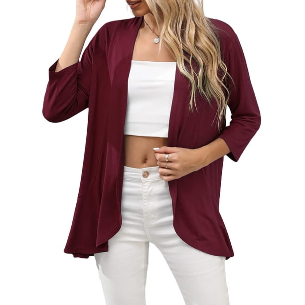 UKAP Cárdigan tipo Kimono para mujer, blusa con parte delantera abierta, blusa de manga 3/4, suéteres de verano con dobladillo alto y bajo para mujer