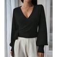 thumbnail image 5 of Women'S Casual V Neck Wrap Sweater Pullover Long Sleeve Slim Fit Knit Crop Top Sweater Black S, 5 of 9