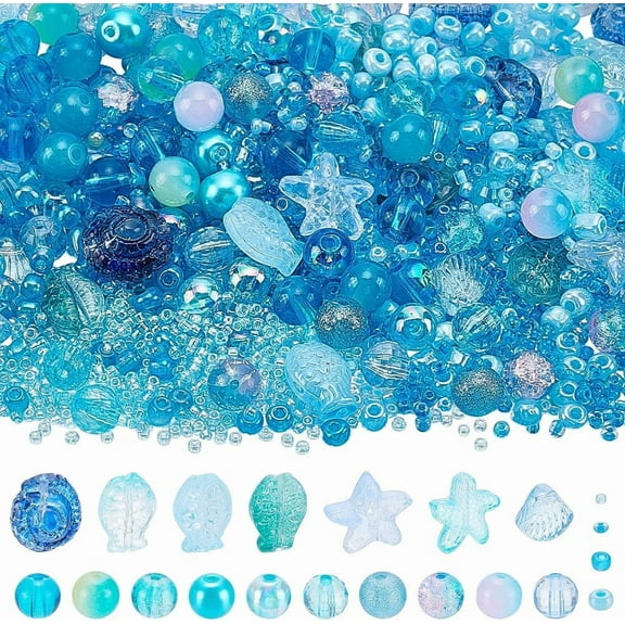 1060 Pcs 7 Styles Glass Beads Making Kit Colorful Crystal Beads Ocean Theme Glass Beads