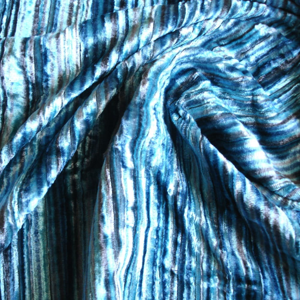 Fabric Mart Direct Aqua tones Velvet Fabric By The Yard, 44 inches or 111 cm width, 18 Continuous Yards Blue Velvet Fabric, Aqua Swirls, Pin Stripes Technique, Upholstery Drapery Curtain Wholesale