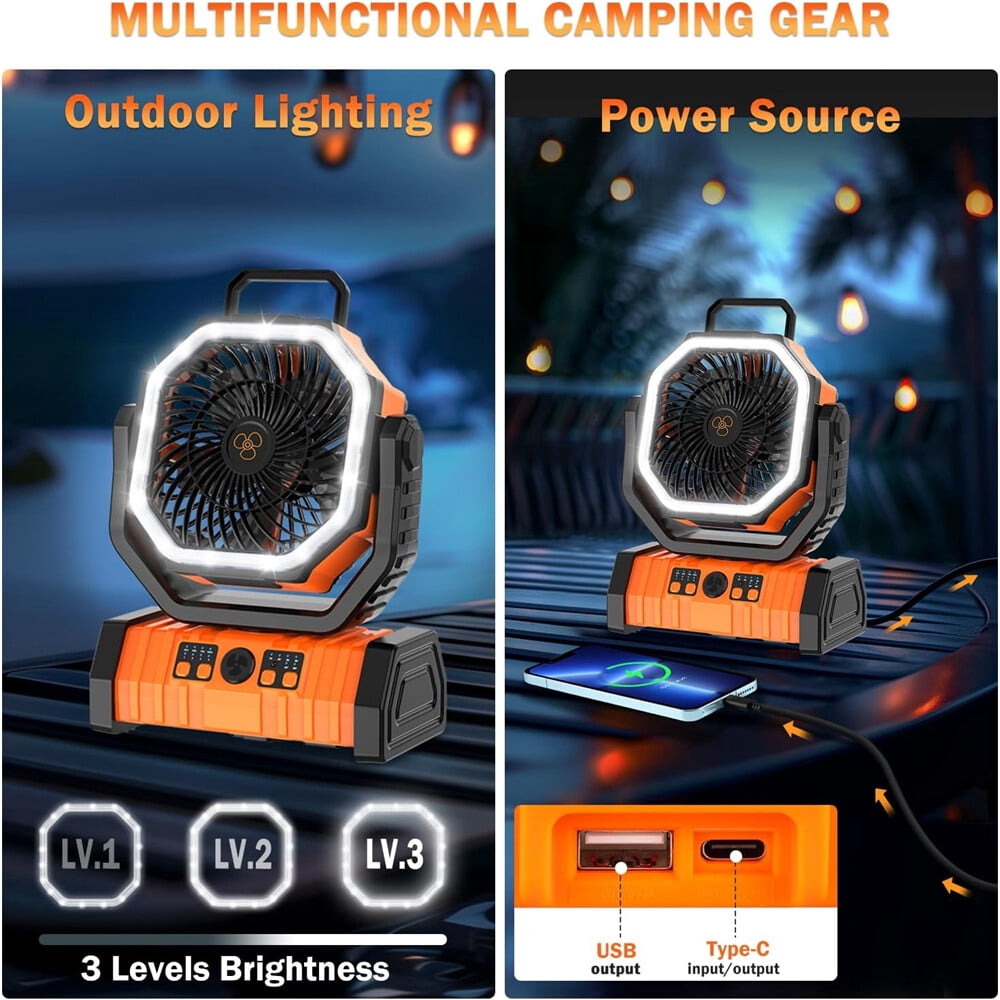20000mAh Camping Fan w/ LED Lantern - Rechargeable Fan, Auto-Oscillating, Remote