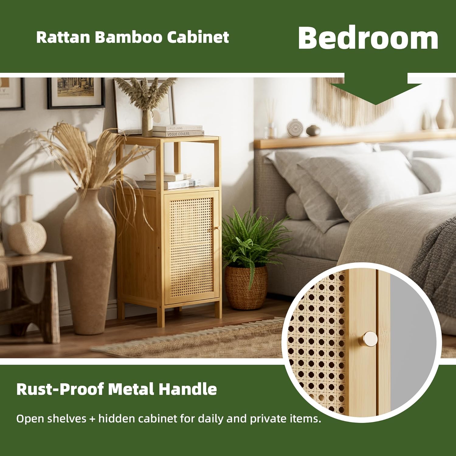Bamboo Floor Cabinet, Bathroom Storage Organizer Rack with Single Rattan Door and 1 Shelf, Small Wooden Side Cupboard Stand for Entryway, Laundry, Kitchen, Living Room (Natural)