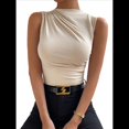 thumbnail image 3 of Camiseta de Cuello Alto Sin Mangas, Plisada, de Color Liso, A para Mujer Albaricoque XL, 3 of 10