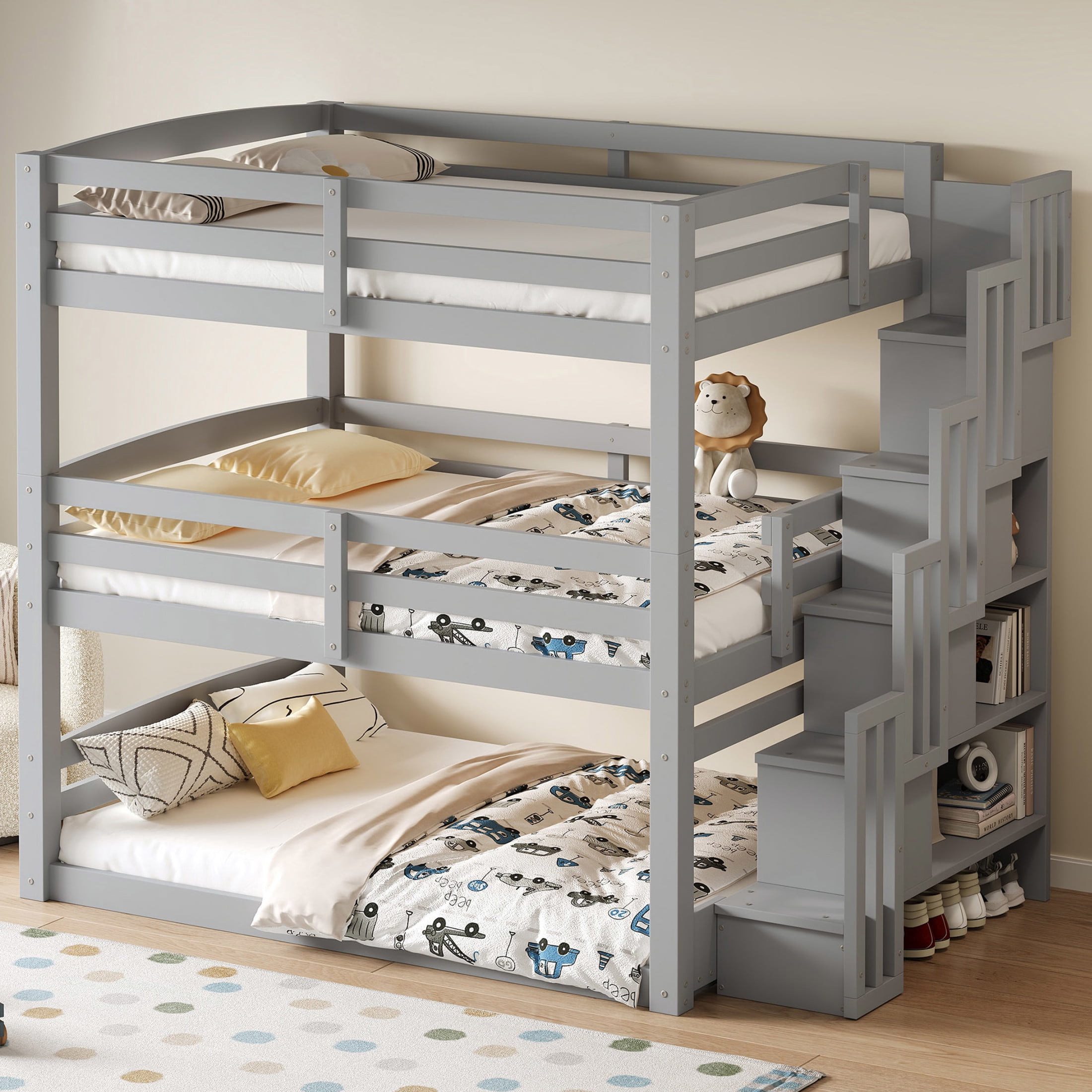 Noble House Full Size Triple Bunk Bed with Storage Staircase, Modern Convertible 3-in-1 Design, Space Saving, Gray