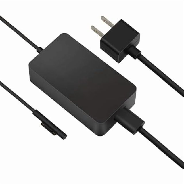 wonima11 65w 15v 4a 1769 surface pro laptop charger fit for microsoft surface pro 10, 9, 8, 7+, 7, 6, 5, 4, 3, x, windows surface laptop 6, 5, 4, 3, 2, 1, surface go tablet,support 44w, 36w Adaptador de corriente negro con bloque rectangular mate, cable integrado y conector magnético Surface en primer plano; enchufe NEMA de dos clavijas expuesto, cable saliendo por ambos extremos y fondo blanco. También es adecuado como cargador de reemplazo para viajes.