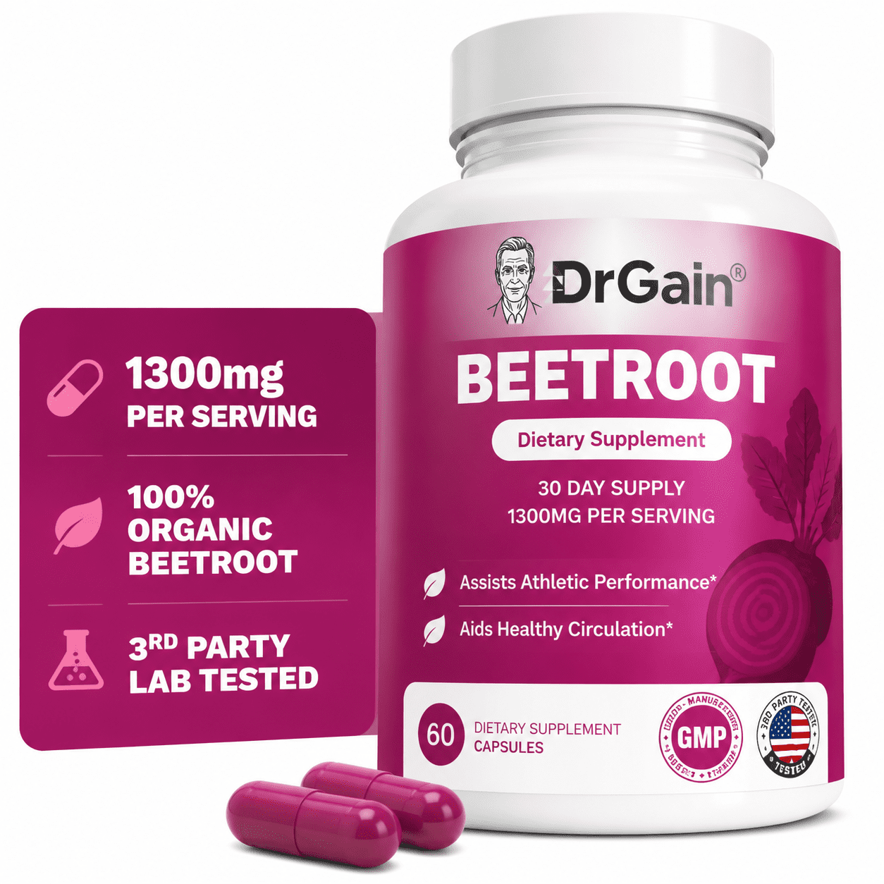 DrGain Beetroot Supplement Capsules with Beet Root Powder, Nitrate-Rich Superfood for Exercise Performance, Circulation Support & Daily Wellness