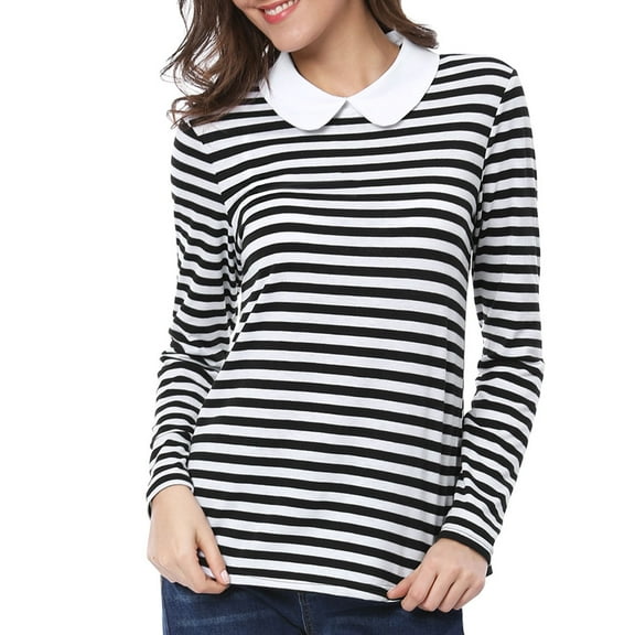 INSPIRE CHIC Women's Long Sleeve Top Contrast Striped Doll Collar Elastic Loop Back Casual Blouse XS Black
