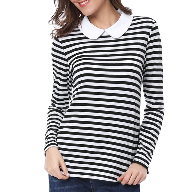 INSPIRAR CHIC Blusa de Manga Larga para Mujer con Cuello de Muñeca y Rayas en Contraste, Cierre Elástico en la Parte Posterior, Casual, Color Negro