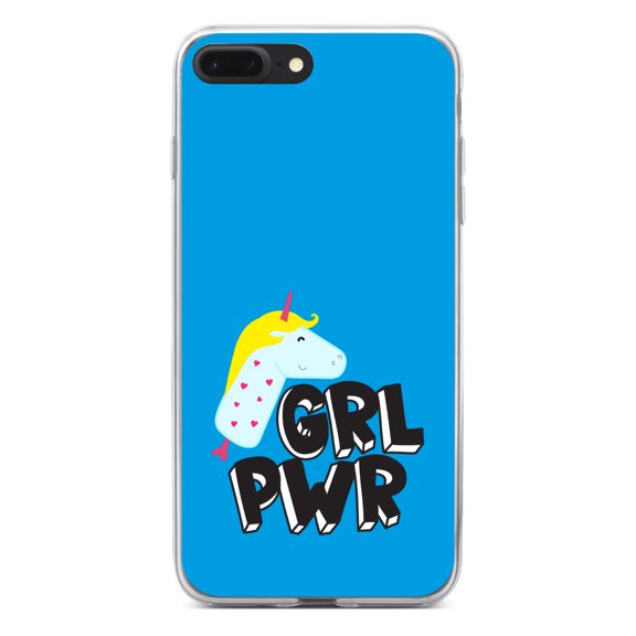 DistinctInk Clear Shockproof Hybrid Case for iPhone 7 PLUS / 8 PLUS (5.5" Screen) - TPU Bumper, Acrylic Back, Tempered Glass Screen Protector - Girl Power - GRL PWR - Unicorn Blue Background
