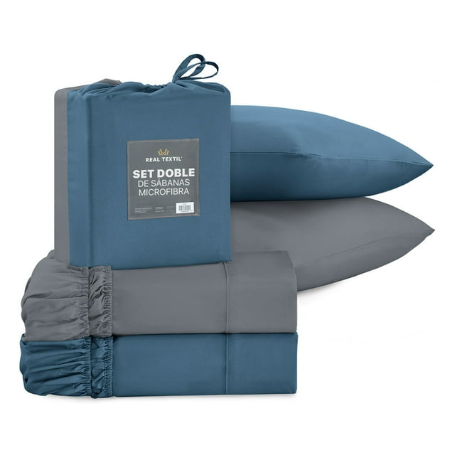 Sábanas 2 Juegos de Microfibra Suaves y Frescas, Real Textil (Azul y Gris Oscuro, Individual)