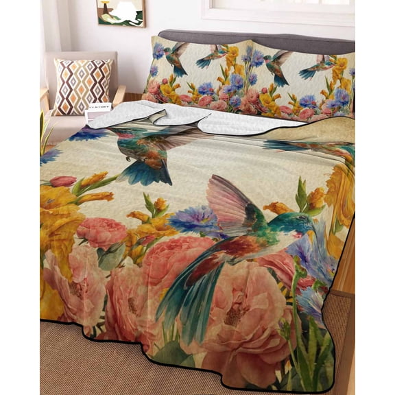 Vintage Hummingbirds Full Size Down Alternative Comforter, Lightweight Comforter Quilt Bedding Set with Pillow Shams Spring Farmhouse Country Flowers All Seasons Bed Comforter Duvet Insert 78"x90"