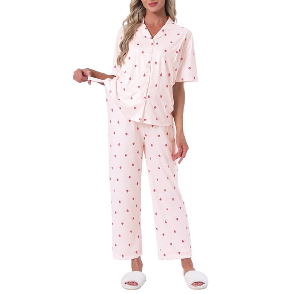 Womens Maternity Nursing Pajamas Set Short Sleeves Breastfeeding Sleepwear Postpartum Loungewear Set Shorts&Pants M Pink