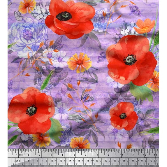 Soimoi Purple Rayon Crepe Fabric Leaves & Floral Printed Craft Fabric by The Yard 46 Inch Wide