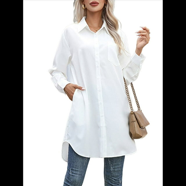 Vestido Camisero Informal para Mujer, Cuello en V, Botones, Larga, Holgado, Minivestido S