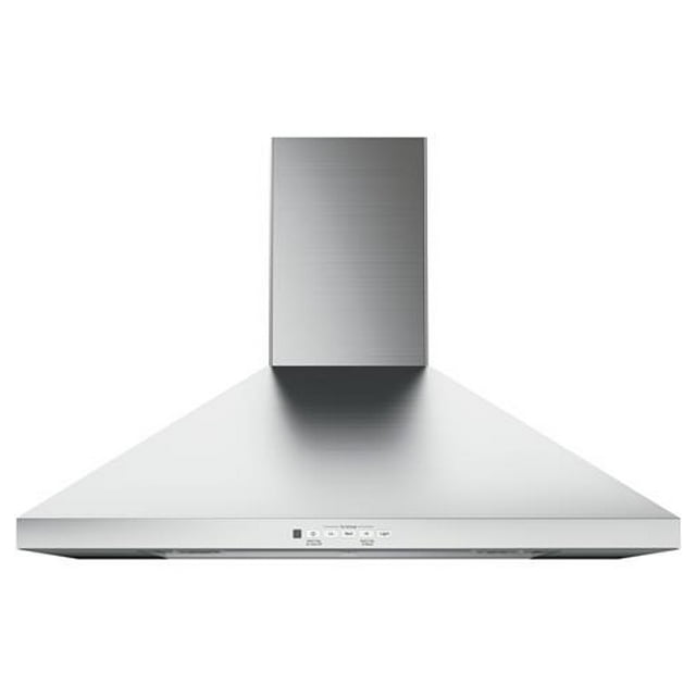 GE 30" Wallmount Range Hood Stainless Steel JVW5301SJSSC with a modern stainless steel design, electronic push button controls, 350 CFM airflow, and concealed halogen lighting for efficient kitchen ventilation. Features two removable mesh grease filters, four fan speeds, and convertible ducting for versatile installation.