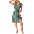 thumbnail image 3 of INSPIRE CHIC Women's Floral Print Elastic Waist Square Neck Ruffled Hem Belted Midi Dress Dark Green L, 3 of 6