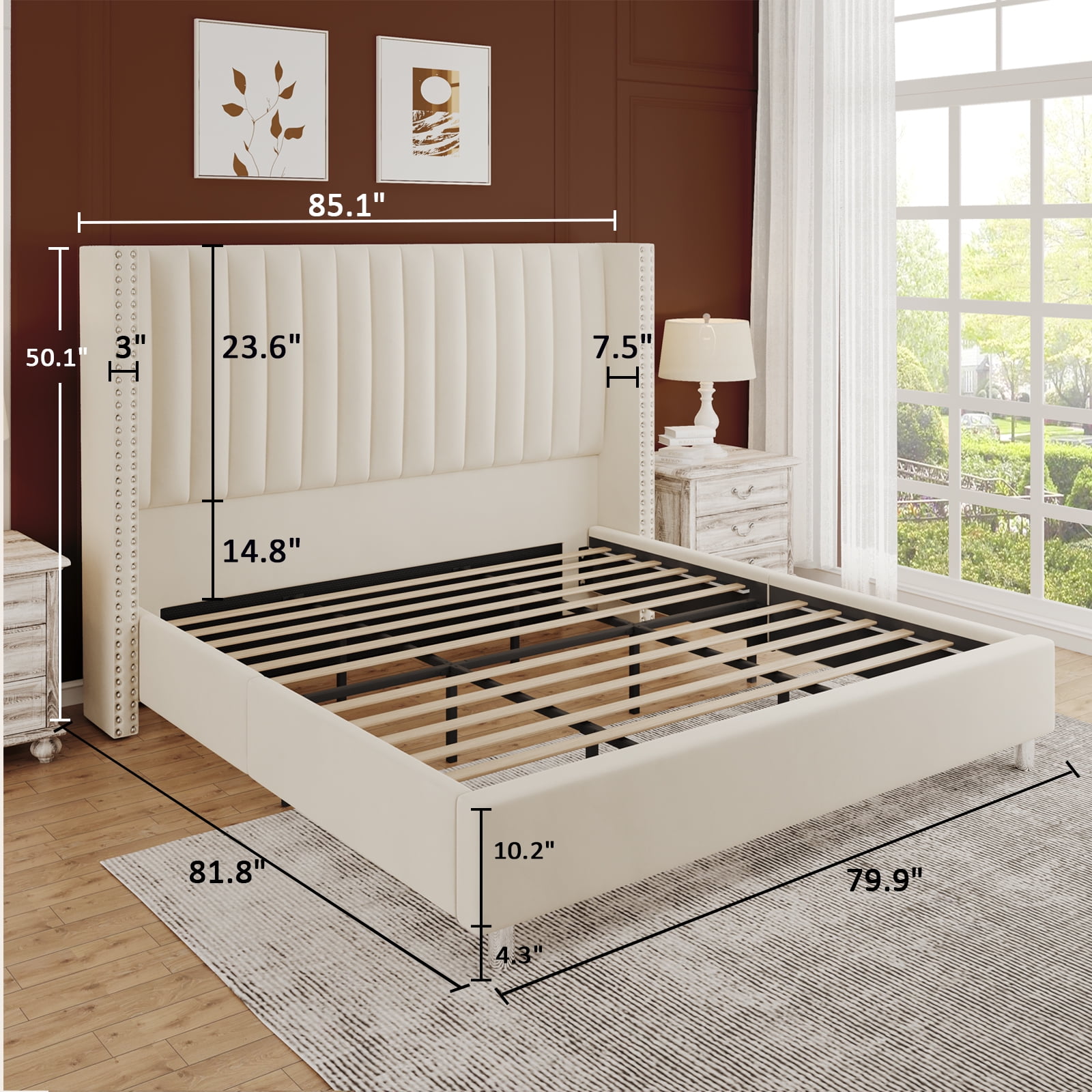 Merluxy Bed Frame King Size Upholstered Bed Wingback Headborad Velvet Channel Tufted/No Box Spring Needed/Cream