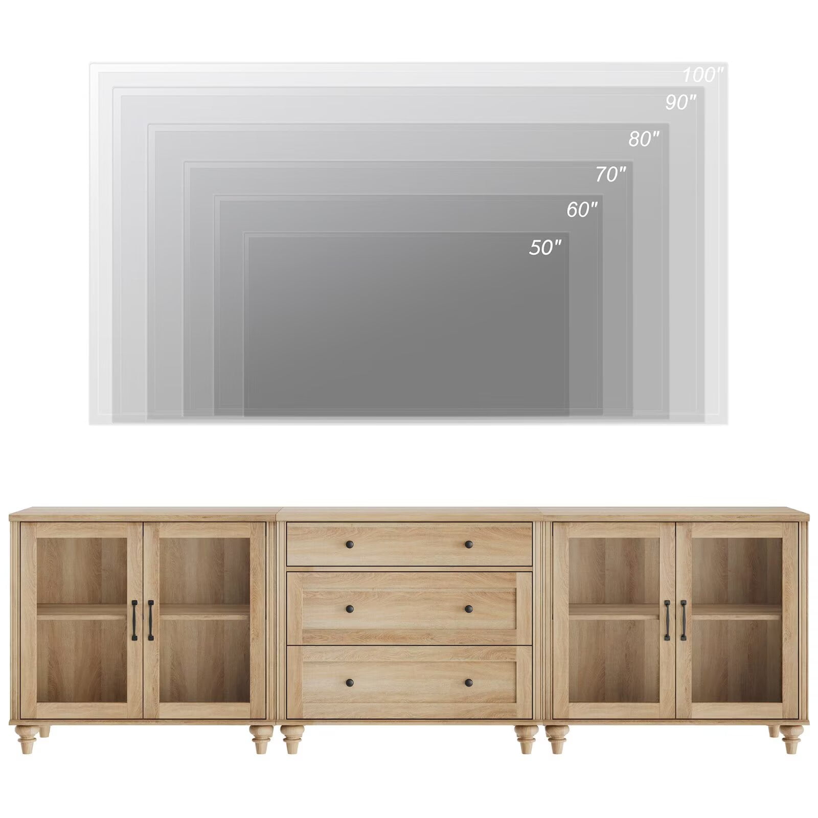 TV Stand for 100-Inch TV, 3-in-1 TV Console Table for 75/80/85/90-Inch TVs, Entertainment Center with Glass Door & Drawer, Oak Kitchen Sideboard Buffet Cabinet for Dining Room