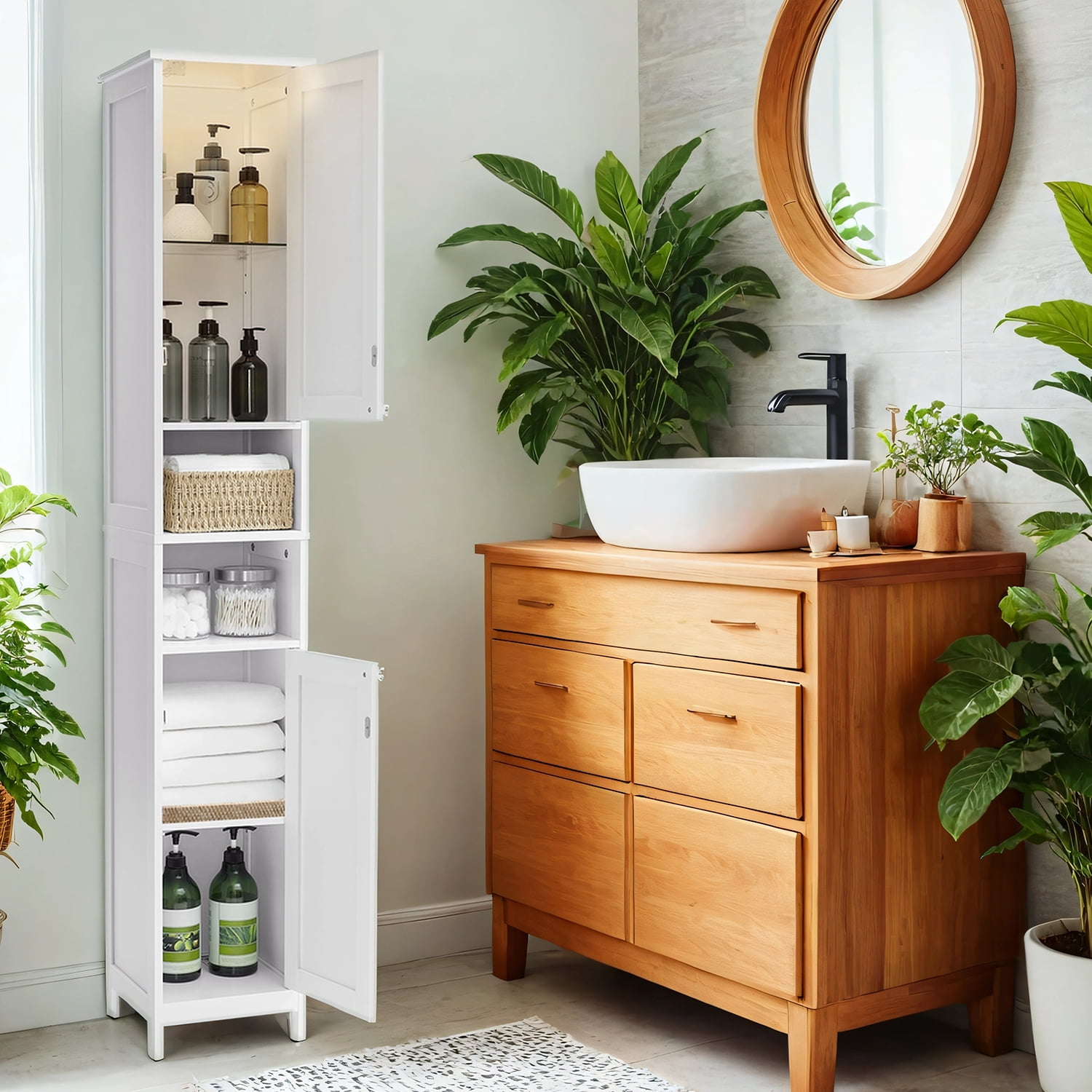 LEDREM Bathroom Storage Cabinet 67" Tall Narrow Wooden Freestanding Cabinet with Automatic Door Lights, Adjustable Shelves,White