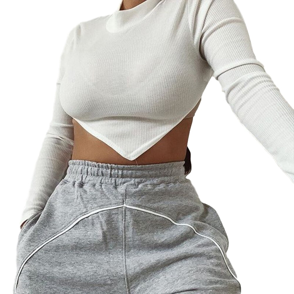 Binpure Women Long Sleeve Crop Solid Color Ribbed Knit Backless