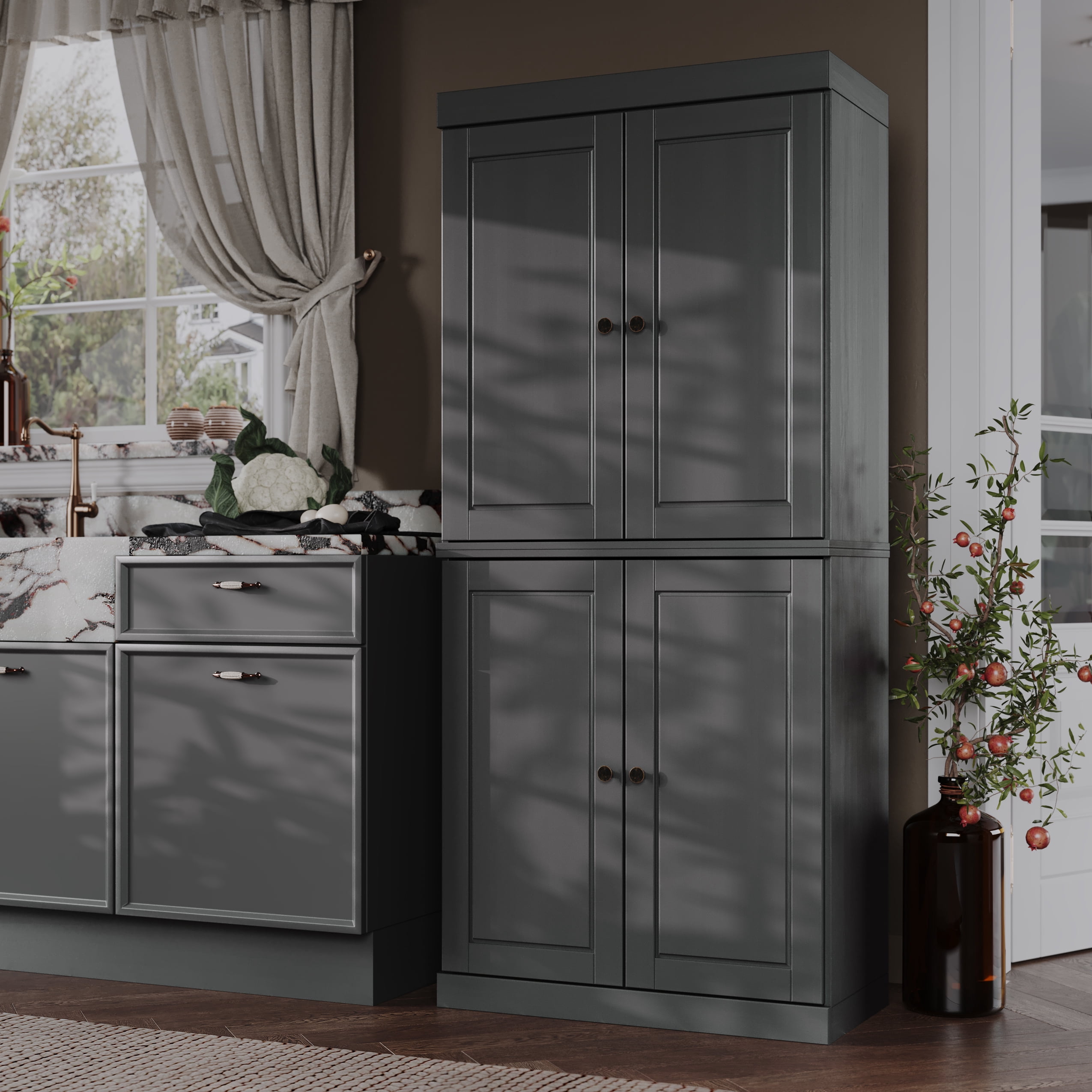 Palace Imports 100% Solid Wood Kitchen Pantry Storage Cabinet with Solid Doors and Adjustable Shelves, Gray