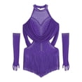thumbnail image 4 of iixpin Girls Sleeveless Mesh Drapes Tassels Bodysuit for Samba Rumba Latin Rhinestones Dance Dress with Gloves Purple 8, 4 of 6