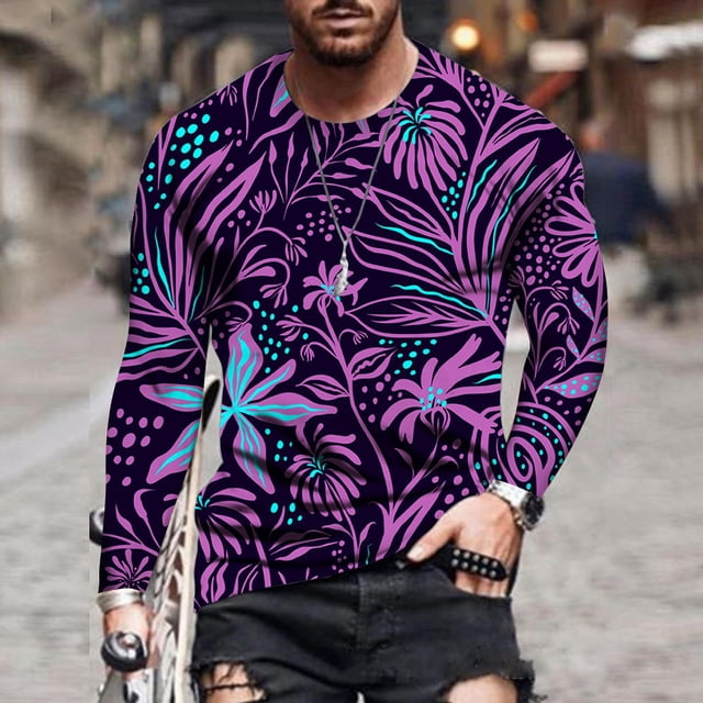 Meichang T-Shirt à Manches Longues Homme Graphique, T-Shirts Graphiques Tendance Imprimé Floral Col Rond Athlétique Manches Longues pour Homme