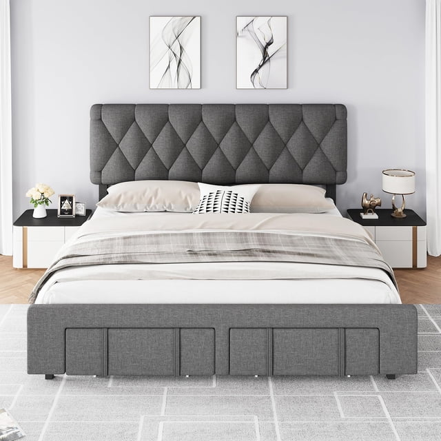 Gaderth Queen Bed Frame,Upholstered Platform Bed Frame With Storage Drawers,Mattress Foundation With Wooden Slats Support,No Box Spring Needed