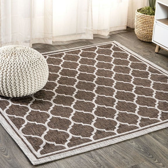 JONATHAN Y SANTA MONICA 6' Square Area Rug, Trebol Moroccan Trellis Textured Weave - Espresso/Taupe, SMB109B-6SQ