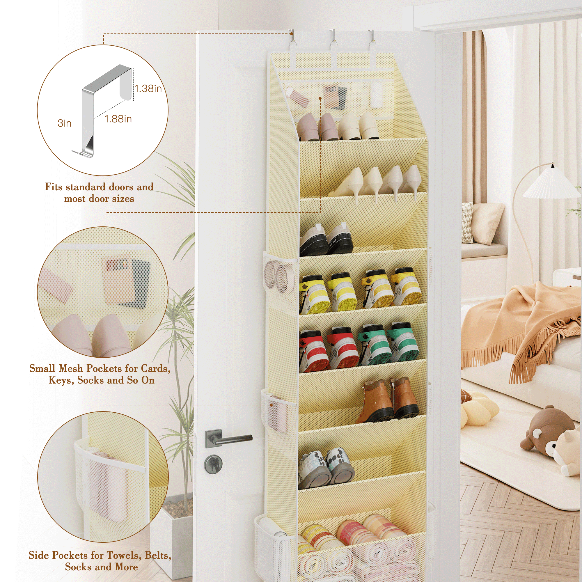 Criusia Over the Door Shoe Organizer, Hanging Shoe Storage with Deep Pockets ,Ideal for Sneakers, Heels, Boots, Fits 16-24 Pairs of Shoes, Beige