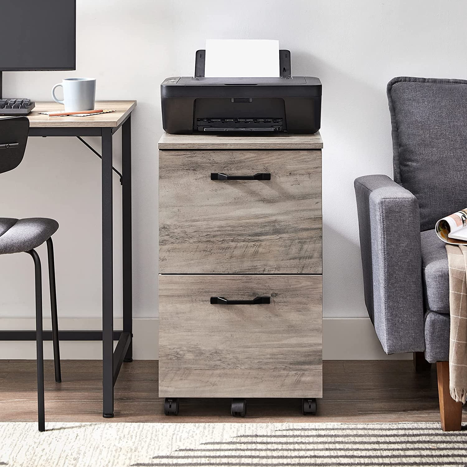 VASAGLE Industrial File Cabinet with 2 Drawers, Rolling Office Filing Cabinet, Greige and Black