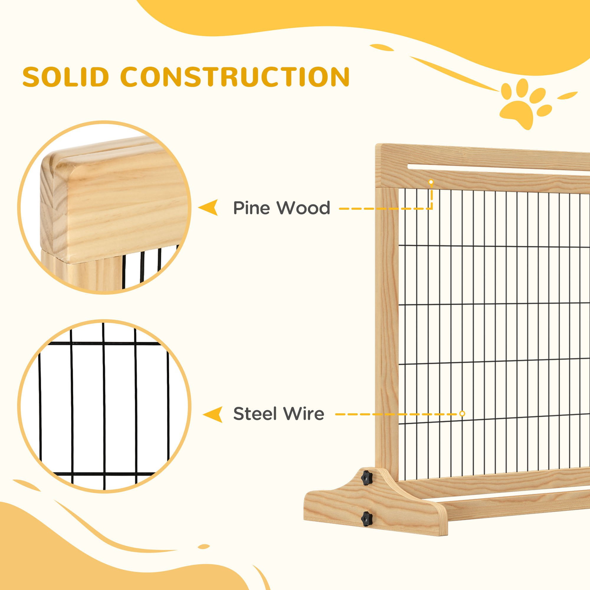 PawHut 71" Slide-Adjust Freestanding Pet Gate for Small Dogs Indoor, Retractable Wooden Puppy Dog Gate for House, Doorway, Hallway, Natural