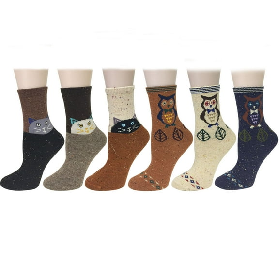 Wrapables® Thick Wool Animal Design Crew Socks (Set of 6), Cat and Owl