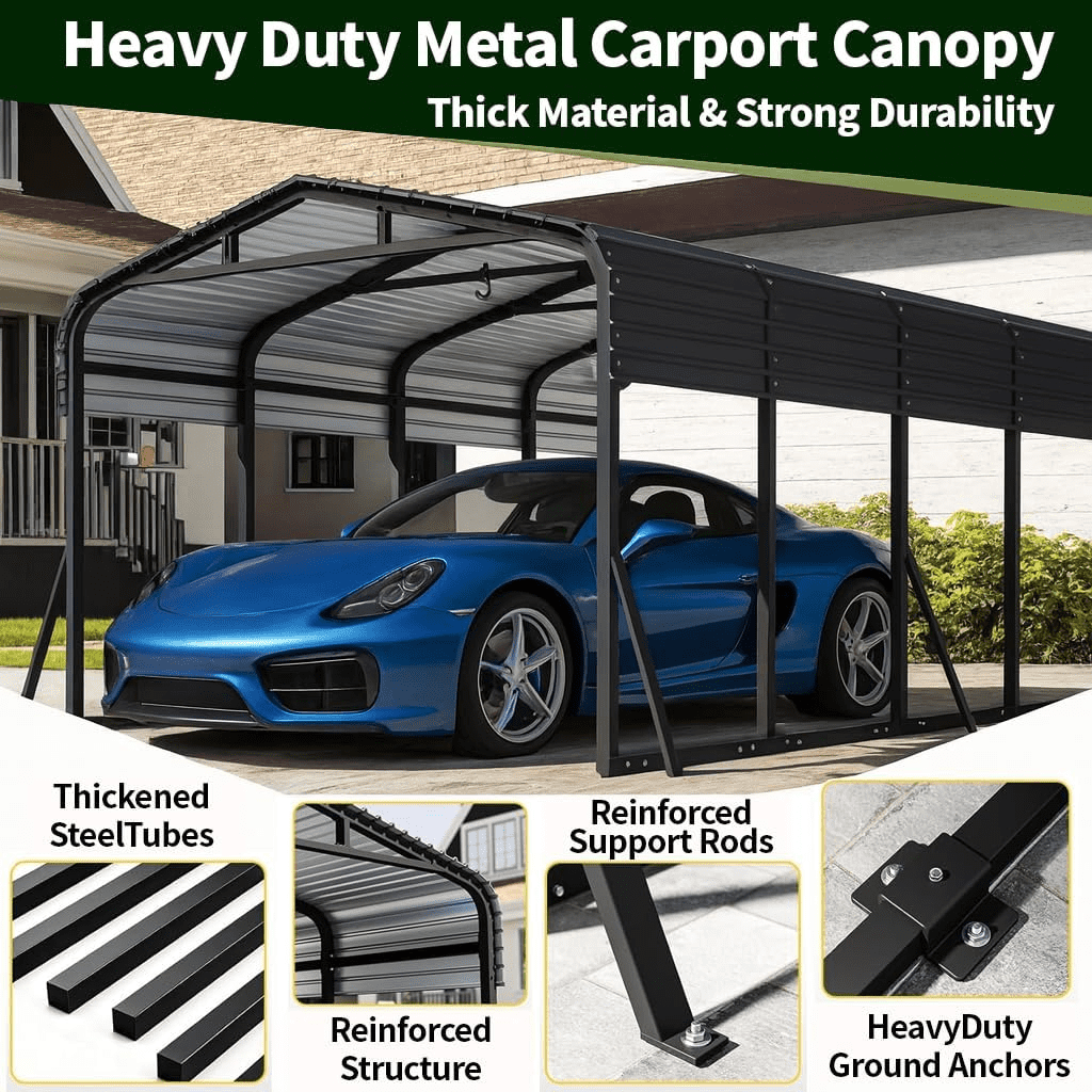 HEITOK Metal Carport Outdoor Garage Shelter - Heavy Duty Galvanized Steel - 12' x 20' Black