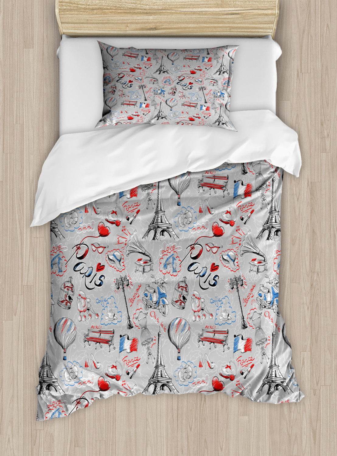 Paris Twin Size Duvet Cover Set, France Themed Image with French Flag