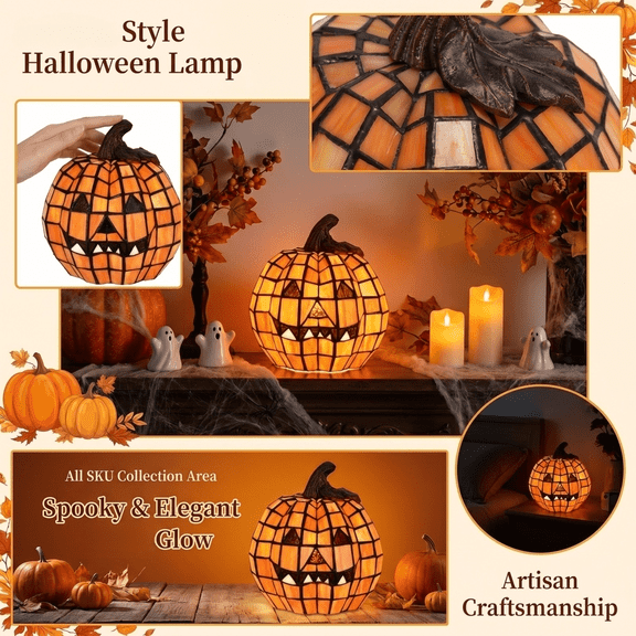 HaCpiu Stained Glass Pumpkin Table Lamp, Jack-o'-Lantern LED Night Light, USB Plug-in Halloween Decor for Bedroom Office Tabletop, 8 Inch