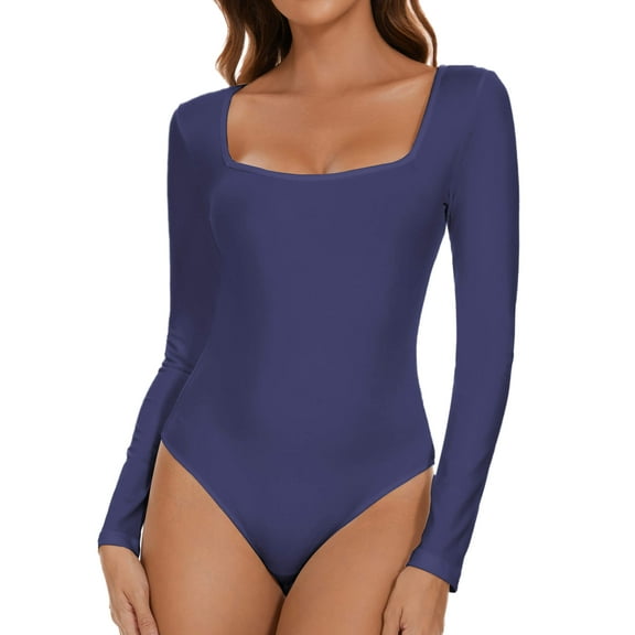 MANIFIQUE Women's Sexy Square Neck Bodysuit Long Sleeve Double Lined Shirt Tops