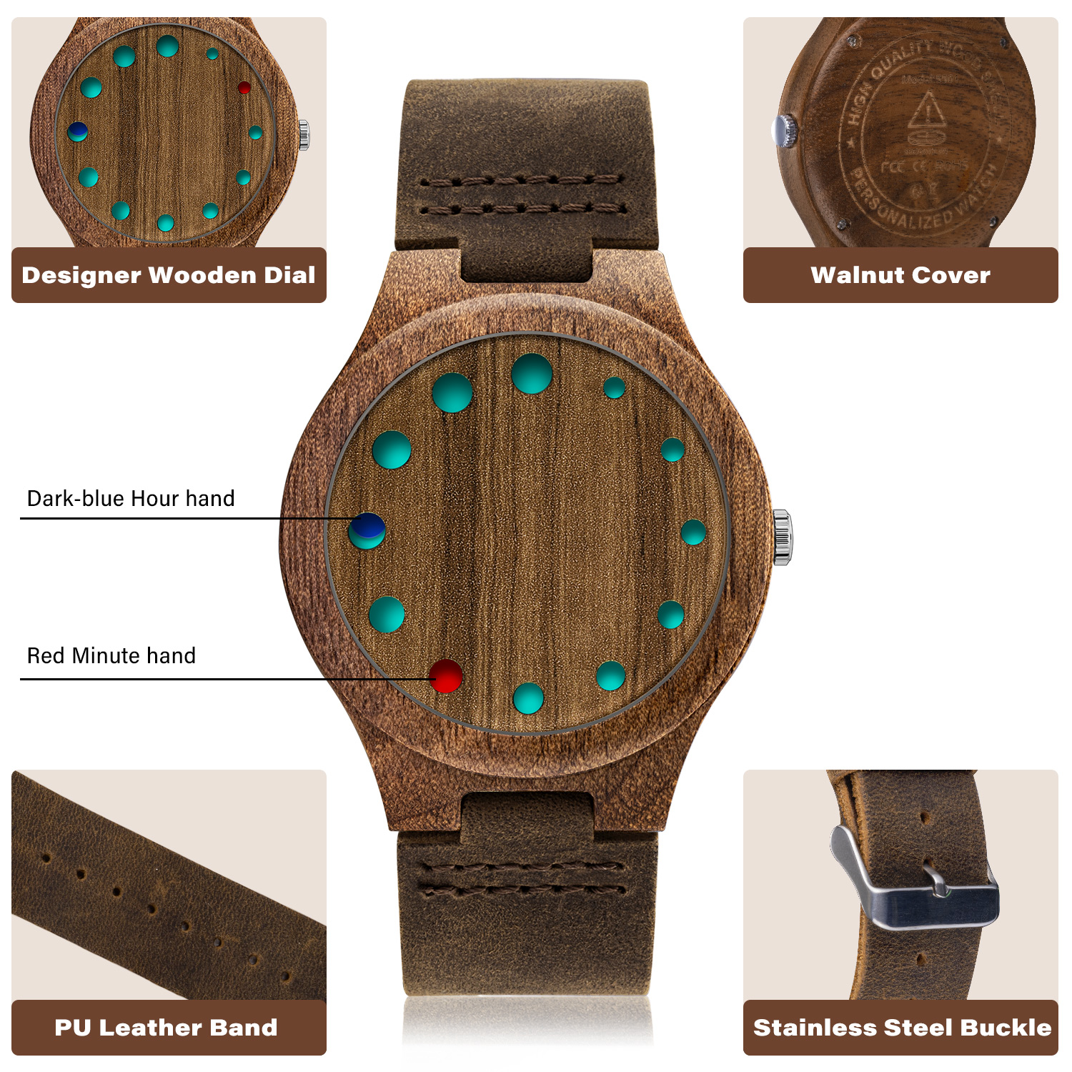 Wooden Watches for Men, Stylish Exotic Wrist Watch with Creative Dial Adjustable Stainless Steel Buckle, Leather Straps, Casual Watches for Man
