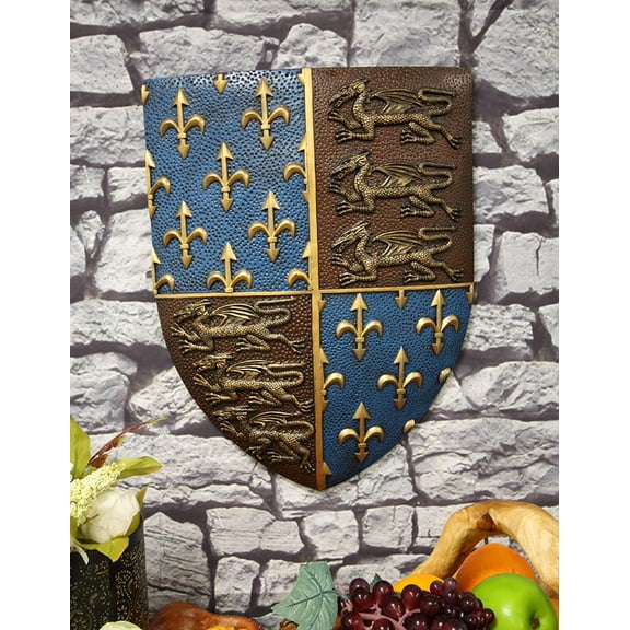Large Medieval Knight Coat of Arms Fleur De Lis And 3 Dragons Shield Wall Decor