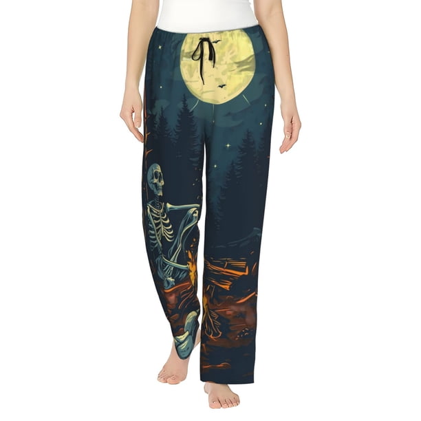 Fotbe Moonlit Skeleton Campfire Pantalones de Pijama para Mujer, Pantalones de Dormir, Pantalones Pj con Cordón y Bolsillos-X-Large